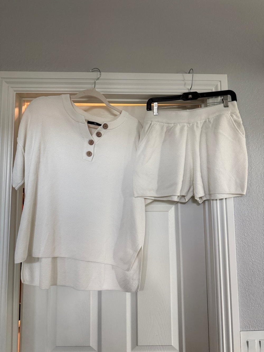 Waffle Knit Button Henley Top and Shorts Set - White